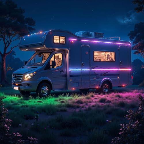 16.4FT RV Awning Lights with App / Remote Control, 12V Camper LED Light Strip with Music Sync, IP65 Waterproof Underglow LED Light Kit for Motorhome, Travel, Trailers, Outdoor Camping, Party BBQ
