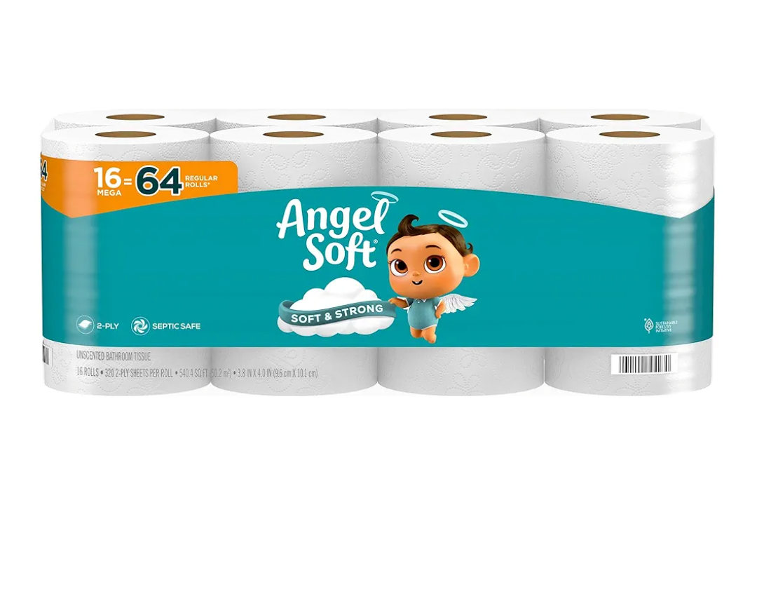 2 Pack Angel Soft Toilet Paper, 16 Mega Rolls = 64 Regular Rolls, Soft and Strong Toilet Tissue