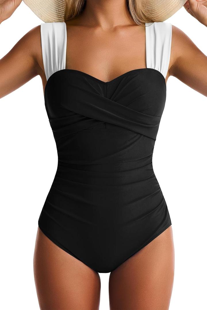 Womens One Piece Swimsuits Tummy Control Bathing Suits Modest Full Coverage Swimsuit Wide Straps Swimwear (Black, XL)