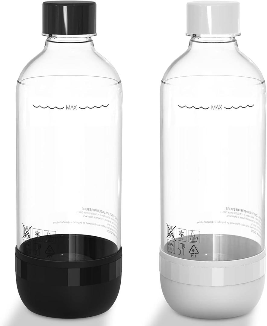 Soda Bottles, 1 Litre Reusable BPA Free Sparkling Water Bottles, in PET, for Soda Machine, Sparkling Water Makers, Pack of 2 Refillable Bottles (Black+White)