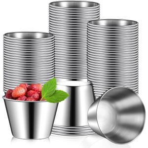 100 Pcs 2.5oz Metal Ramekins Stainless Steel Sauce Dipping Cups Ramekins Bulk Sauce Container Round Dipping Bowls Condiment Cup for Dish Butter Kitchen Restaurant Serving Party Dinner Cooking