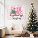 WHCHJ Pink Christmas Tapestry, Coquette Preppy Pink Bow Christmas Tree Truck Wall Hanging, Girly Xmas Holiday Tapestries Wall Blanket Decor for Party Home Bedroom Living Room Dorm, 50x60 Inch