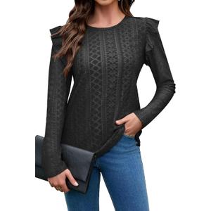 Women Eyelet Tops Casual Ruffle Long Sleeve Shirts Crew Neck Lace Embroidered Blouses Fall Outfits 2025 (Black, M)