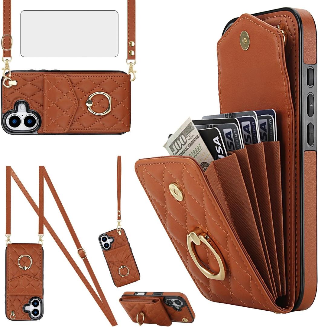 Asuwish Phone Case for iPhone 17 6.3 inch Wallet Cell Cover with Tempered Glass Screen Protector Crossbody Wrist Strap Ring Stand RFID Blocking Card Holder i Phone17 i17 17Case Women Men Girls Brown