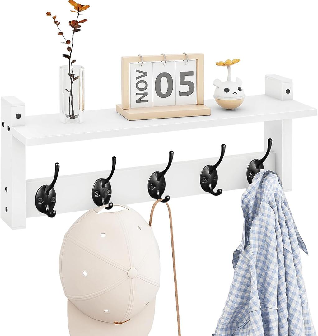 Homode Wall Shelf with Hooks, Coat Rack Wall Mount with Pegs, Hanging Entryway Coat Hanger, Wood and Iron Shelf for Bathroom, Hallway, Bedroom, White