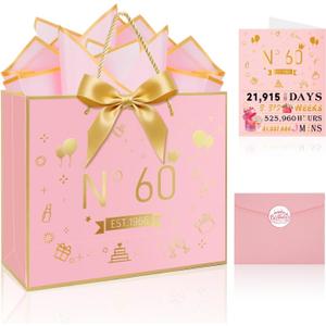 10 x OLOSONG Happy 60th Birthday Gift Bag for Women,with Handles Design,60 Years Old Time Greeting Card, Envelope Sticker Bow Ribbon and Tissue papers for Women Girls 13Pink+Gold Hot Stamping
