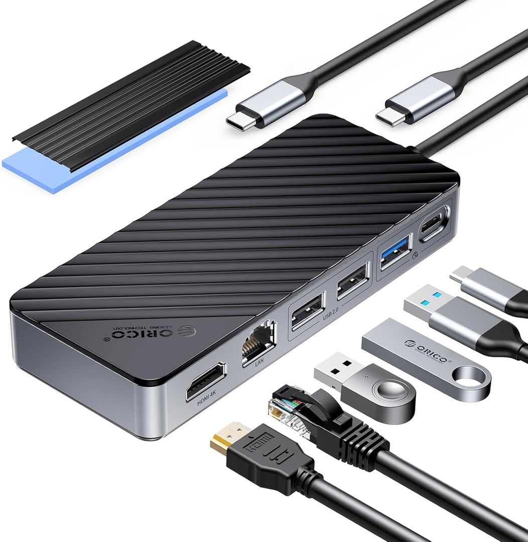 ORICO 8-in-1 USB C Docking Station with M.2 SSD Enclosure, USB-C Hub Fits M.2 NVMe/SATA SSD, 10Gbps, 4K@60Hz HDMI, 100W PD, Ethernet - OM28PR