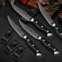CoquusAid Steak Knives Set of 8, 4.8 Inch Straight Edge Ultra Sharp Durable Meat knives with Rest, High Carbon Stainless Steel Damascus Pattern Triple Rivet Handle, Ideal for Home Restaurant Party