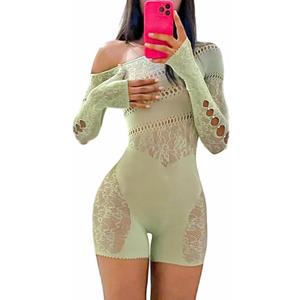 Women's Sexy See Through Long Sleeve Rhinestone Accent One Shoulder Cutout Mesh Lace Bodysuit Jumpsuit (Green)