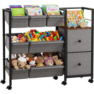 Kids Toy Organizers and Storage Bins - 7 Storage Bins + 2 Fabric Drawers + 1 Bookshelf, Playroom Storage, Mobile Cart Organizer for Toy, Clothes, Blankets and Books - Black