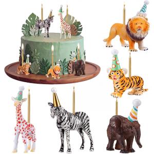 5 Pcs Safari Jungle Animal Cake Candle Holders Resin Animals Figures Cake Topper Birthday Party Decor Giraffe Lion Elephant Zebra Tiger Candle Stands for Wild Animals Themed Party Decor