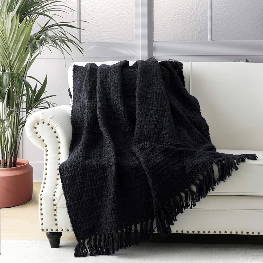HORIMOTE HOME Chunky Black Knitted Throw Blanket for Couch, Chair, Sofa, or Bed - Chic Boho Style with Textured Basket Weave Pattern & Decorative Fringe - 50"x60" Blanket