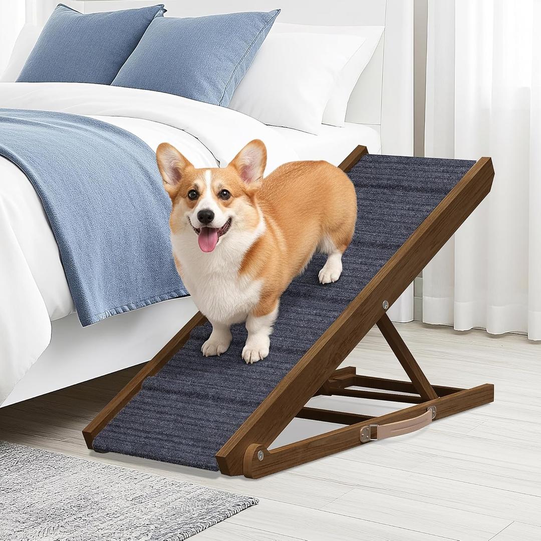 Adjustable Dog Ramp for Bed - Foldable Wooden Ramp for Dogs to Get on Bed, Couch, or Car with 13.4" Wide Walking Space (Walnut Wood with Gray Carpet, Medium)