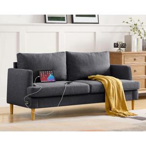70" Loveseat Sofa, Mid Century Modern Small Couches for Small Spaces, Upholstered 2 Seater Couches Linen Fabric Sofa with Comfy Pillows & USB for Living Room, Bedroom, Office, Dark Grey