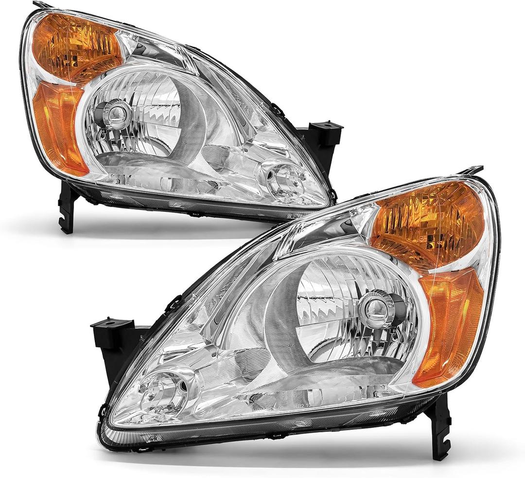 Headlight Compatible with Honda CRV 2002 2003 2004 Headlamp with Chrome Housing Amber Reflector Replacement PairW/O Bulbs