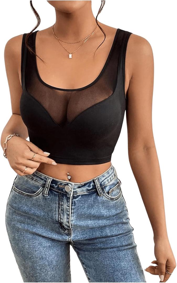 Floerns Women's Sleeveless Camisole Contrast Mesh Scoop Neck Crop Tank Top (Small, Black)