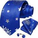 DiBanGu Christmas Ties for Men Snowflake Necktie and Pocket Square Festival Vacation Tie Handkerchief & Cufflinks Set Party (Blue Silver)