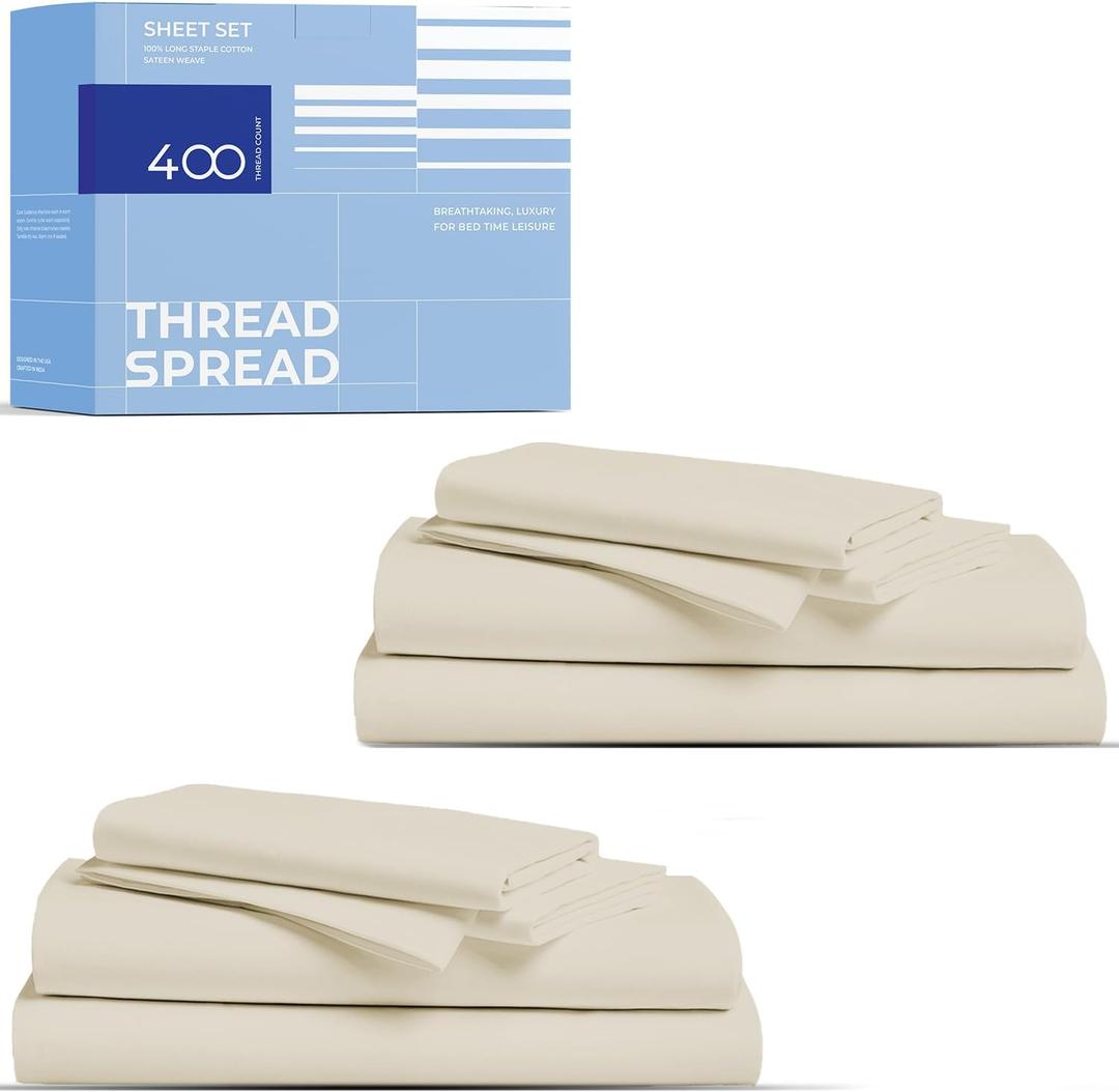 THREAD SPREAD 2-Pack King Size Sheets Set - 400 Thread Count 100% Cotton Sateen Weave - Extra Soft, Breathable, Hotel Quality Cooling Sheets, 2 Sets of King Size Deep Pocket Bed Sheets (Ivory)
