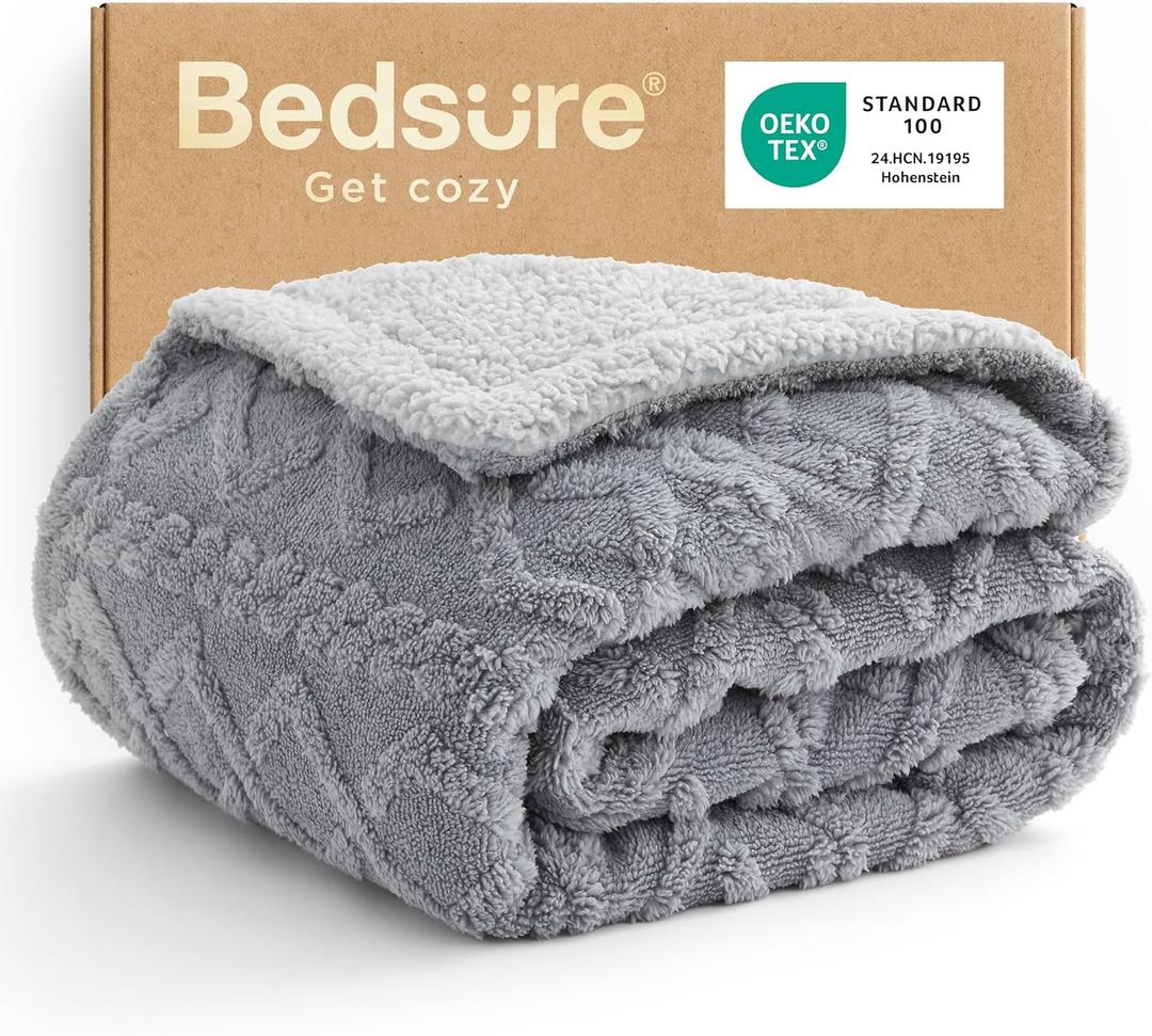 Bedsure Gentlesoft Sherpa Fleece Throw Blanket for Couch - Fluffy & Cozy Cable Jacquard Tufted Throw for Women Gift and Valentine Decor, Thick and Warm Blanket for Winter, Grey, 50x60 Inches