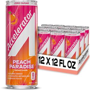 Accelerator Energy Drink, Peach Paradise 12oz can (12 pack), Zero Sugar, Sustained Energy from 100% Natural Caffeine (200mg from Green Coffee Bean & Green Tea Extract), Exp: 10/27