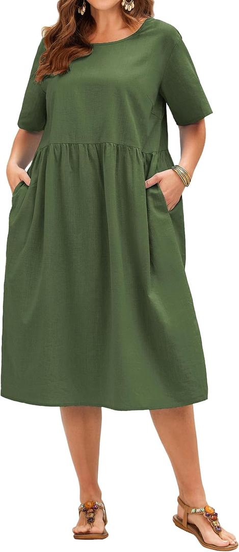 IN'VOLAND Plus Size Women's Summer Maxi Linen Dresses Casual Loose Pockets Long Dress Short Sleeve Army Green (Green)