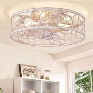 LEDIARY Caged Ceiling Fans with Lights, White Flush Mount Ceiling Fan with Remote, Small Low Profile Bladeless Ceiling Fan Light Fixture for Bedroom, Kitchen, Dining Room-White Gold Color (Medium, White Gold)