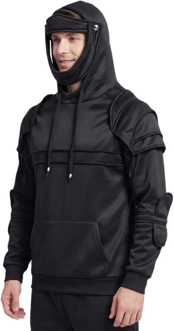 Weixu Men Medieval Knight Hoodie Armor Sweatshirt Pullover Hooded Jacket Coat Halloween Costume (Black, L)