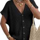 Fisoew Women's Short Sleeve Crochet Cardigans Sweater Tops Summer Button Down V Neck Casual Knit Hollow Out Beach Cover Ups (Medium, Black)