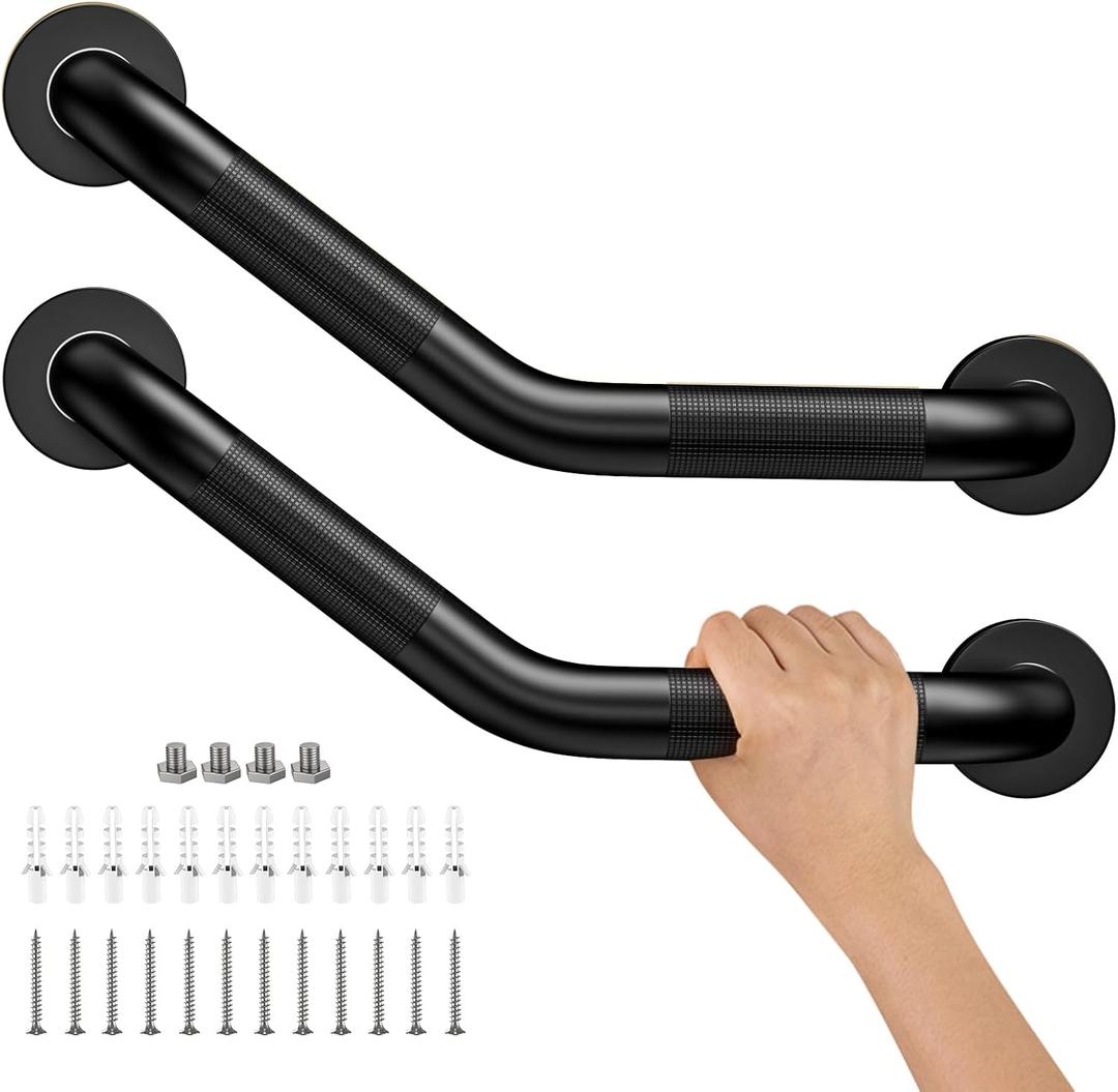16 Inch Angled Shower Grab Bar Black, Munzong 2 Pack Anti Slip Bathroom Grab Bar, Knurled Bathroom Balance Bar,Safety Hand Rail Support Handicap Elderly Injury Senior Assist Bath Handle-1.25 Tube