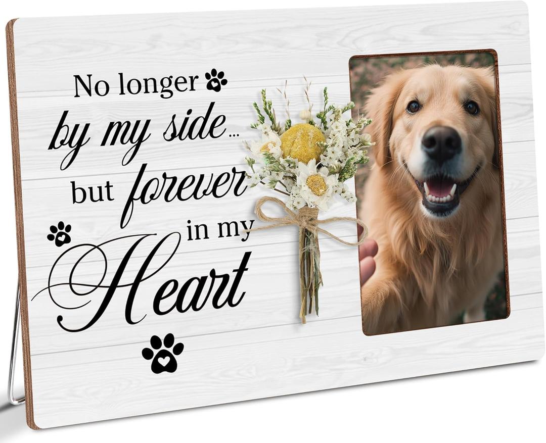 Pet Memorial Floral Wooden Picture Frame Gifts for Loss of Pet, Forever In Our Heart, Dog Cat Memorial Sympathy Gifts, Fits 4x6 Photo Frame (White-side)