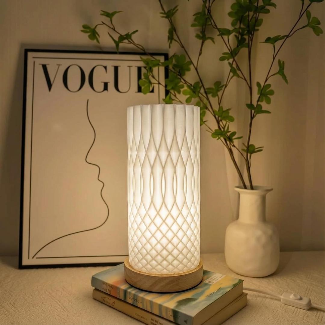 3D Printed Mini Lamp, Small Bedside Lamp with 3-Color Dimmable LED, Small Nightstand Lamp for Tight Spaces, Beautiful Lamp with Wooden Base - Flame (Helix)