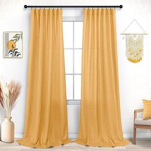 KOUFALL Yellow Linen Curtains 84 Inch Length for Bedroom Dining Room Rod Pocket Set 2 Panels Boho Spring Sunflower Decor Bright Mustard Gold Semi Sheer Curtain Drapes 84 Inches Long for Living Room