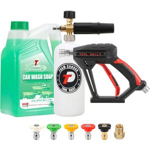 Tool Daily Short Pressure Washer Gun with Foam Cannon, Car Wash Soap 64 Oz, 5 Power Washer Nozzle Tips, 1/4 Inch Quick Connect