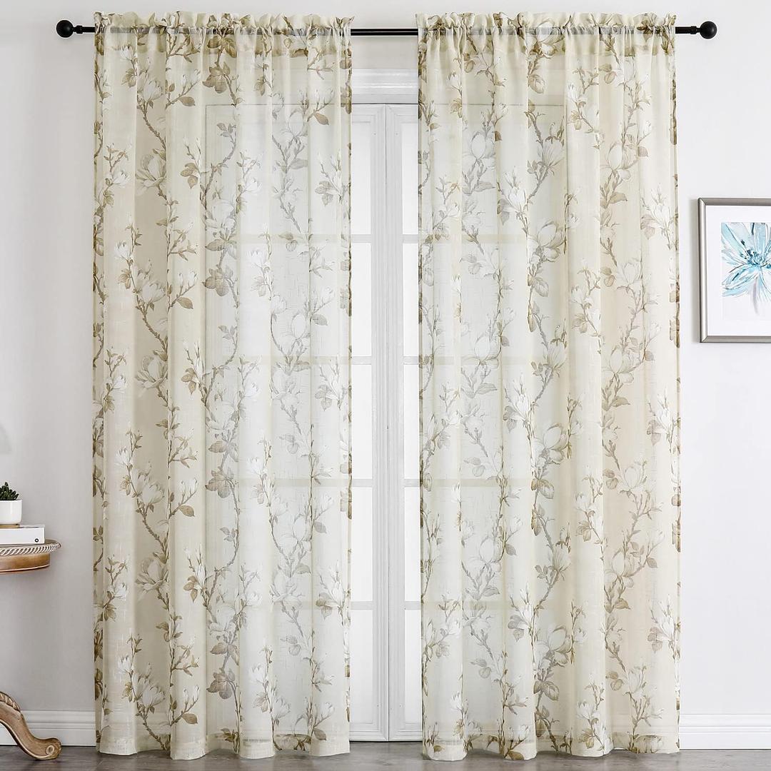 SMILE WEAVER Nature Yellow Sheer Curtains 63 inch Length for Living Room,Light Filtering Curtain 2 Panels,Voile Linen Textured Semi Sheer Floral Curtains for Bedroom/Kitchen Window Drapes