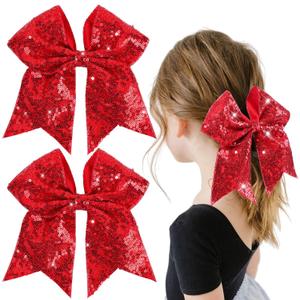 OAOLEER 2PCS Glitter Cheer Hair Bow Clips for Girls, 7 inch Red Sequin Large Hair Bows Hair Accessories for Girls Teen Softball Cheerleader (Red)
