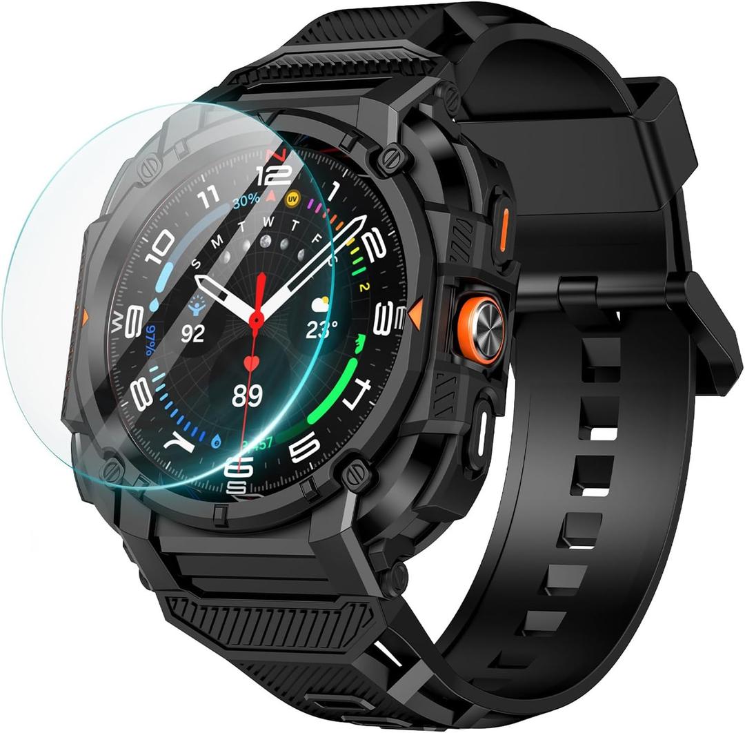 Goton Rugged Band for Samsung Galaxy Watch 8 Ultra Case with Band & Screen Protector for Galaxy Watch 8 Ultra Soft Strap with Rugged Protective Cover for Men - Black