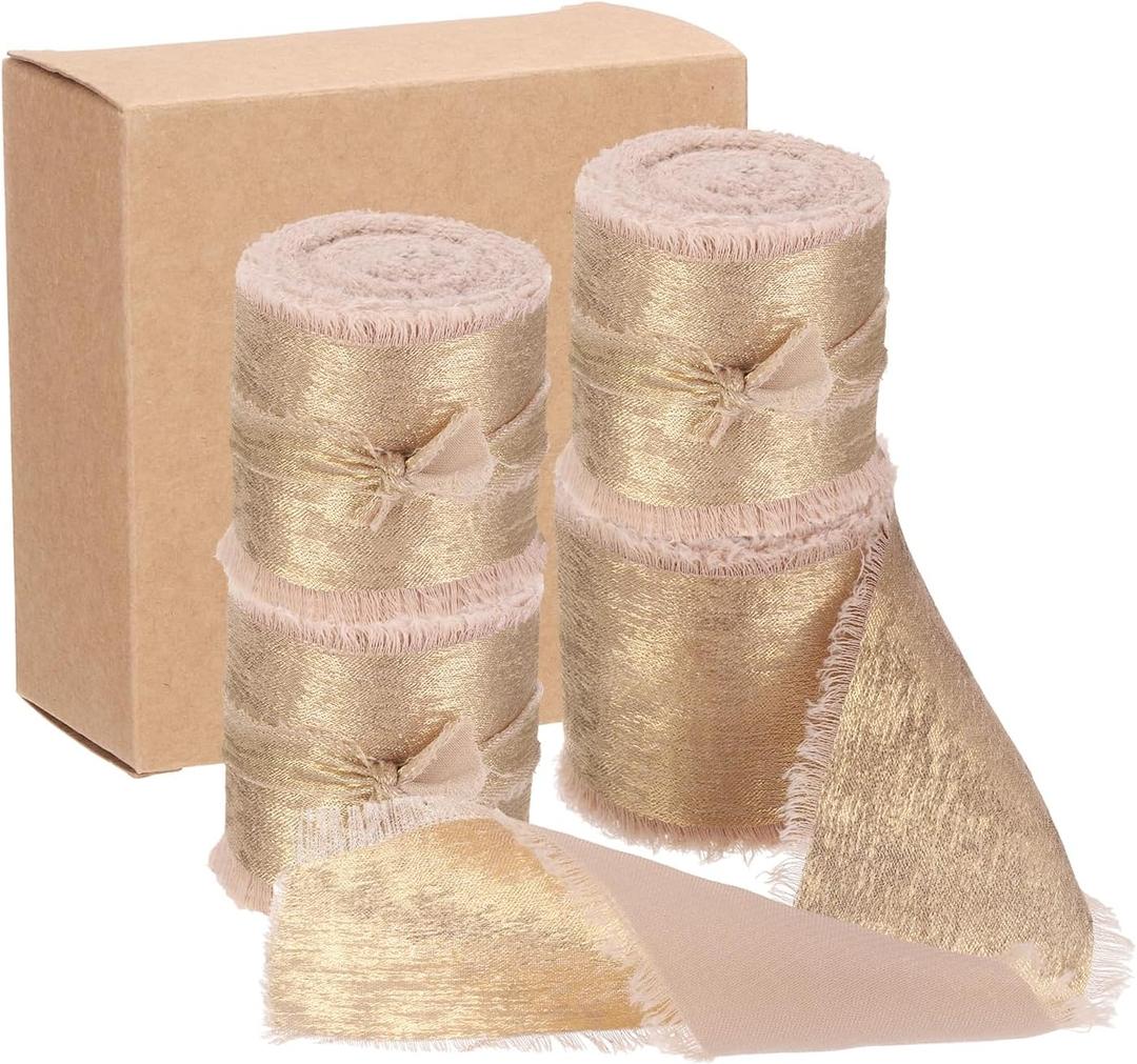 MECCANIXITY 4 Pcs Chiffon Ribbon, 1"x5 Yard Silk Ribbon, Champagne Gold Glitter Fabric Ribbon Handmade Fringe Frayed Ribbon for Flower Bouquet Gift Wrapping DIY Crafts Wedding
