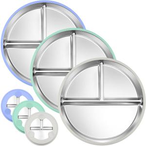 3-Pack Stainless Steel Baby Plates with Suction, BPA-Free Stainless Steel Kids Plates, 9 Divided Toddler Plate for Dishwasher Safe, Non-Slip Silicone Base, Detachable Design (Blue, Gray, Green)