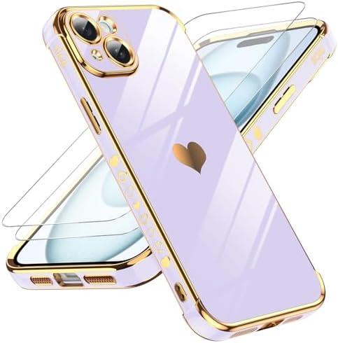 LeYi for iPhone 15 Plus Case: with Tempered Glass Screen Protector [2 Pcs]+ Full Camera Lens Protection,Love Heart Plating Girly Cute Luxury Soft TPU Shockproof Case for iPhone 15 Plus,Purple, Pack 4