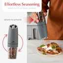 Urban Noon Gravity Salt and Pepper Grinder Set - Battery Operated Electric Grinders with Light (2 Matte Gray Mills) - Automatic One Handed Operation - Electronic Adjustable Shakers - Ceramic Grinders