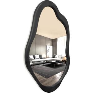 Wavy Mirror, Cloud Mirror, Irregular Wall Mirror with Wood Frame, Modern Decorative Mirror with Hanging Hooks, Asymmetrical Mirror for Bedroom Living Room Entryway (Black, 3220)