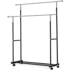 Double Clothing Rack, 130LB Capacity Heavy Duty Garment Rack with Wheels and Bottom Shelf, 55.51 Inch Long Rolling Clothes Racks for Hanging Clothes, Black