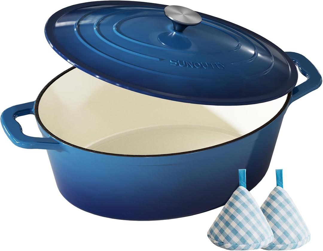 Enameled Cast Iron Dutch Oven, 9.3QT Pot with Lid, Navy Blue
Ideal for Bread Baking, Braising & Stews, Oven Safe up to 500°F, Fits All Stovetops, Cotton Potholders Included, PFOA-Free