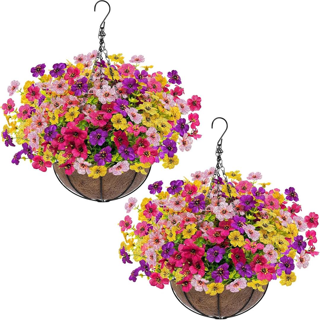 2 Sets Artificial Hanging Plants Flowers Basket Outdoor, Fake Hanging Plants Set of 2 Includes 24 Pcs Flowers for Porch, Patio, Garden, Home Decor in Spring Summer (Red, Purple, Yellow, Rose Red)