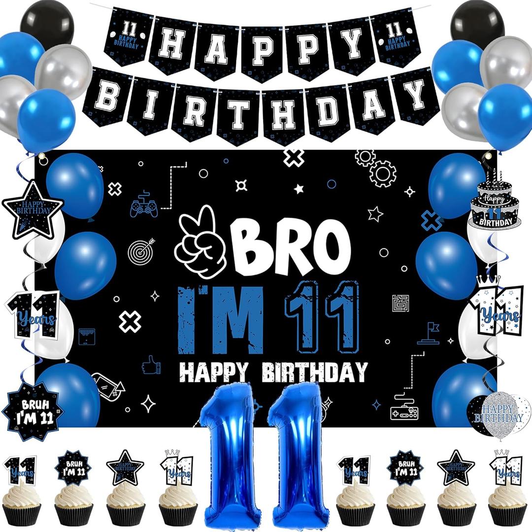 Vlipoeasn 11th Birthday Decorations Set for Boys Girls, 37PCS Black Blue 11 Year Old Birthday Backdrop Banner, Black Blue Bruh I'm 11 Party Supplies