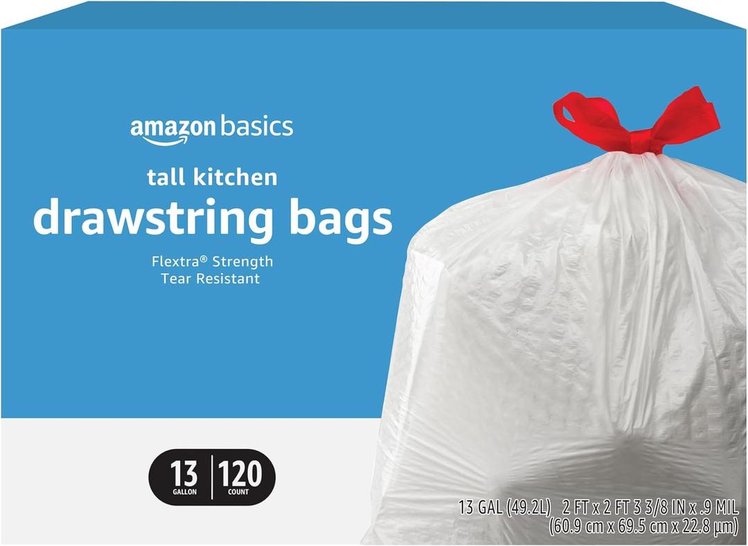 Basics Tall Kitchen Drawstring Trash Bags, Sturdy and Tear Resistant, 13 Gallon, Unscented, 120 Count