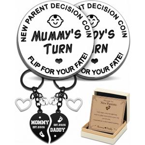 New Parents Gifts for Couples, Double-Sided Funny Decision Coin and 2026 Est. Keychain Set, Flip for Household Tasks, Stainless Steel Split Heart Keepsake for Expecting New Mom Dad