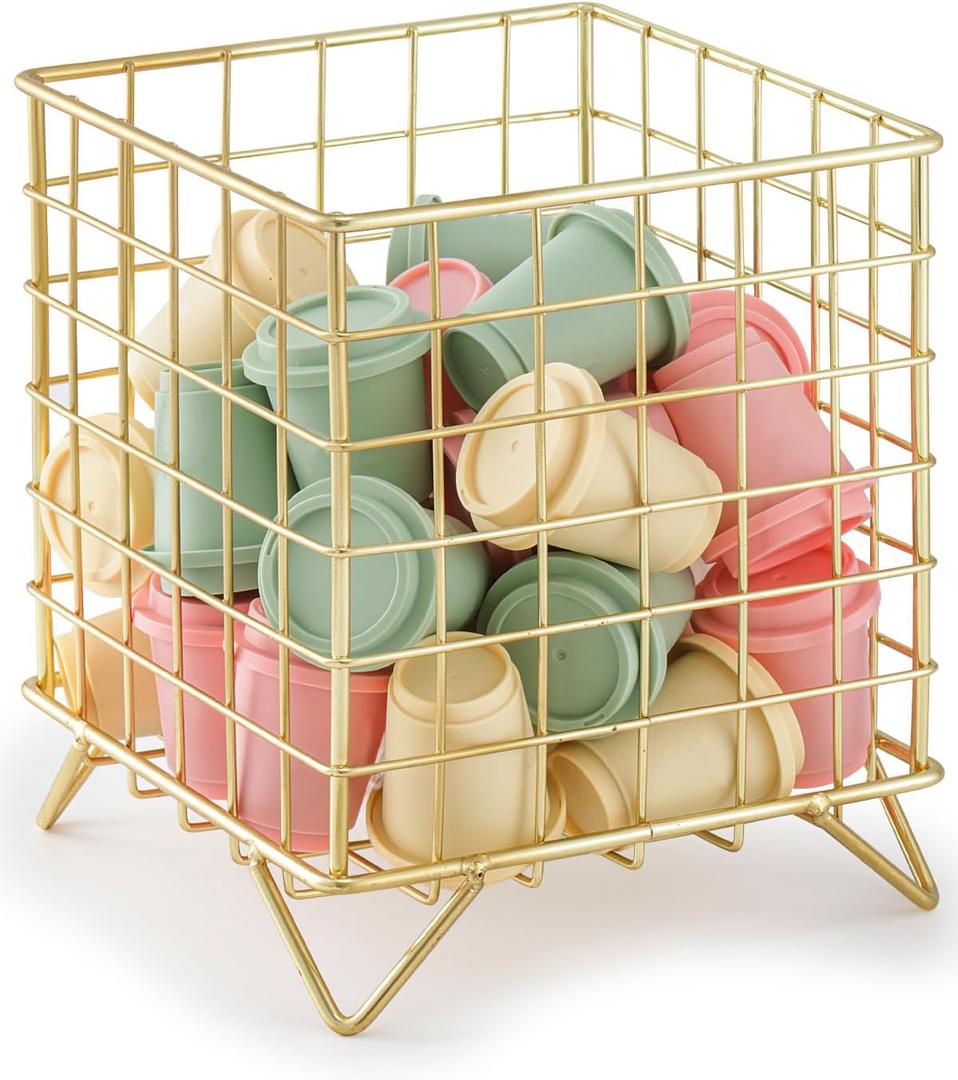 FantasyLife K Cup Holder Organizer, 5.3" x 5.3" x 6.3" Coffee Pod Storage Basket, Coffee Bar Accessories Metal Basket, Large Capacity Countertop Organizer for Kitchen Counter & Office Desktop (Gold)