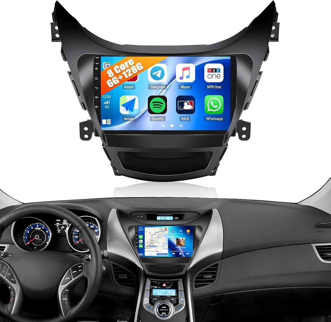 8Core 6G+128G Car Stereo for Hyundai Elantra 2011 2012 2013 with Wireless Carplay Android Auto, 9 Inch IPS Touchscreen Car Player, 59UI Bluetooth 5.0 GPS WiFi FM/RDS DSP SWC Backup Camera
