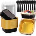 FORBFAN 8 oz Black Gold Mini Cake Pans with Lids 150 Pack, Disposable Aluminum Square Baking Cups, Oven-Safe Ramekins for Party Desserts, Catering & Small Business